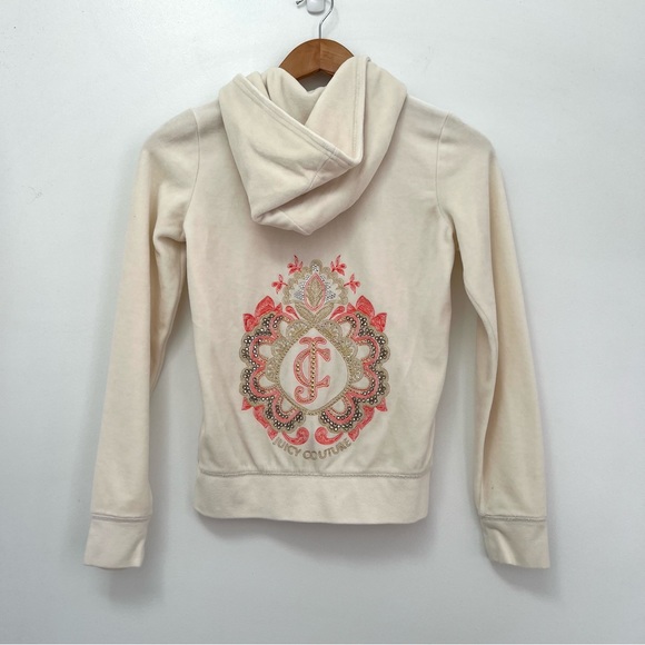 Juicy Couture Other - Juicy Couture y2k OG cream Velour Graphic Tracksuit Jacket Girls 12 rhinestones